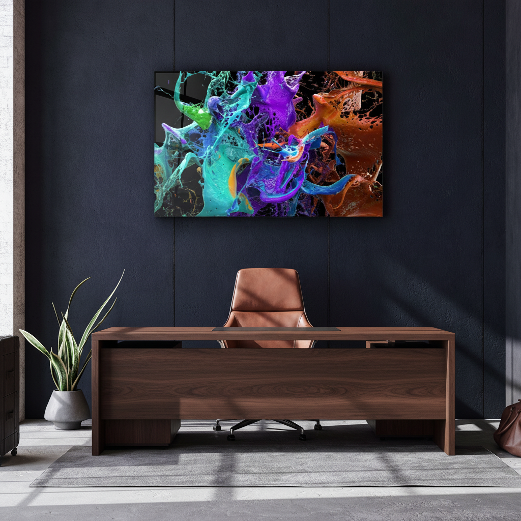 Abstract fluid glass wall art in a creative executive office