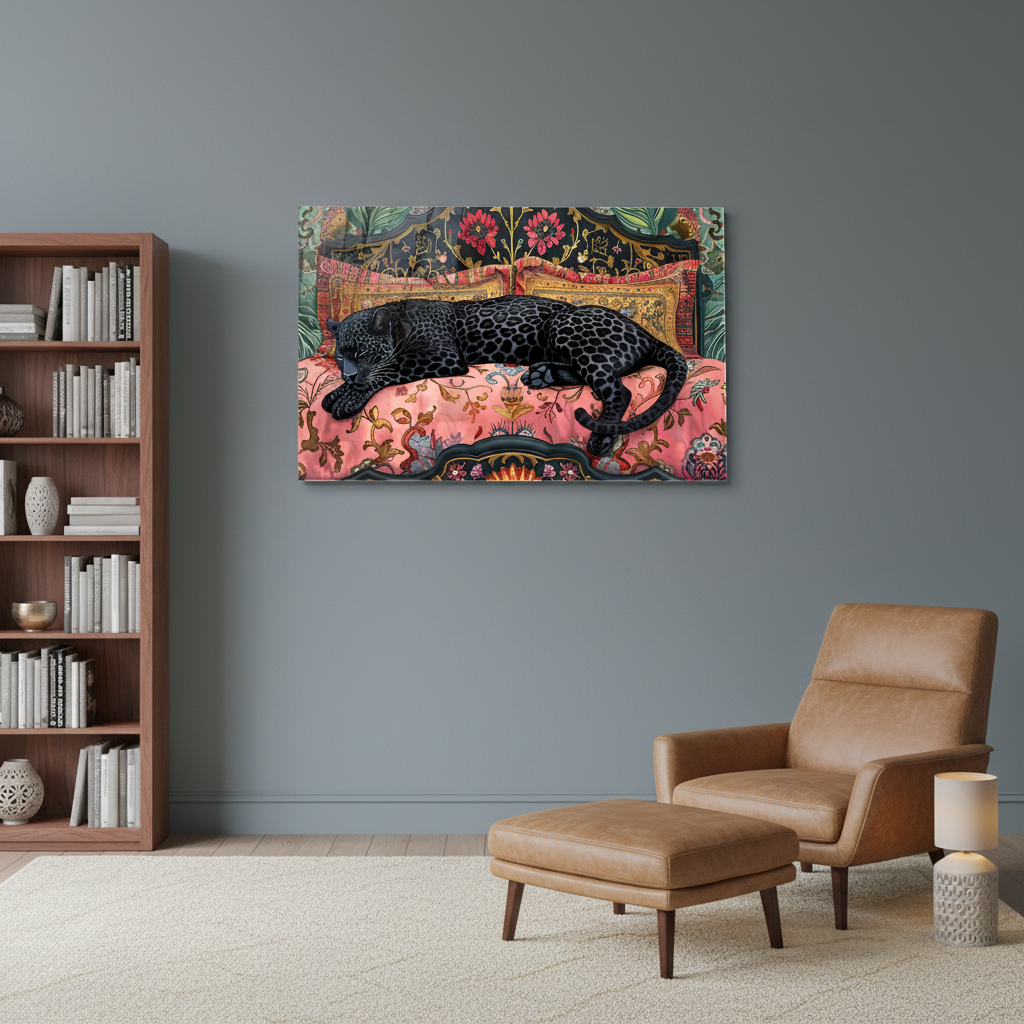 Black panther horizontal glass wall art in a muted dusty blue reading lounge