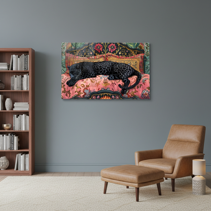 Black panther horizontal glass wall art in a muted dusty blue reading lounge