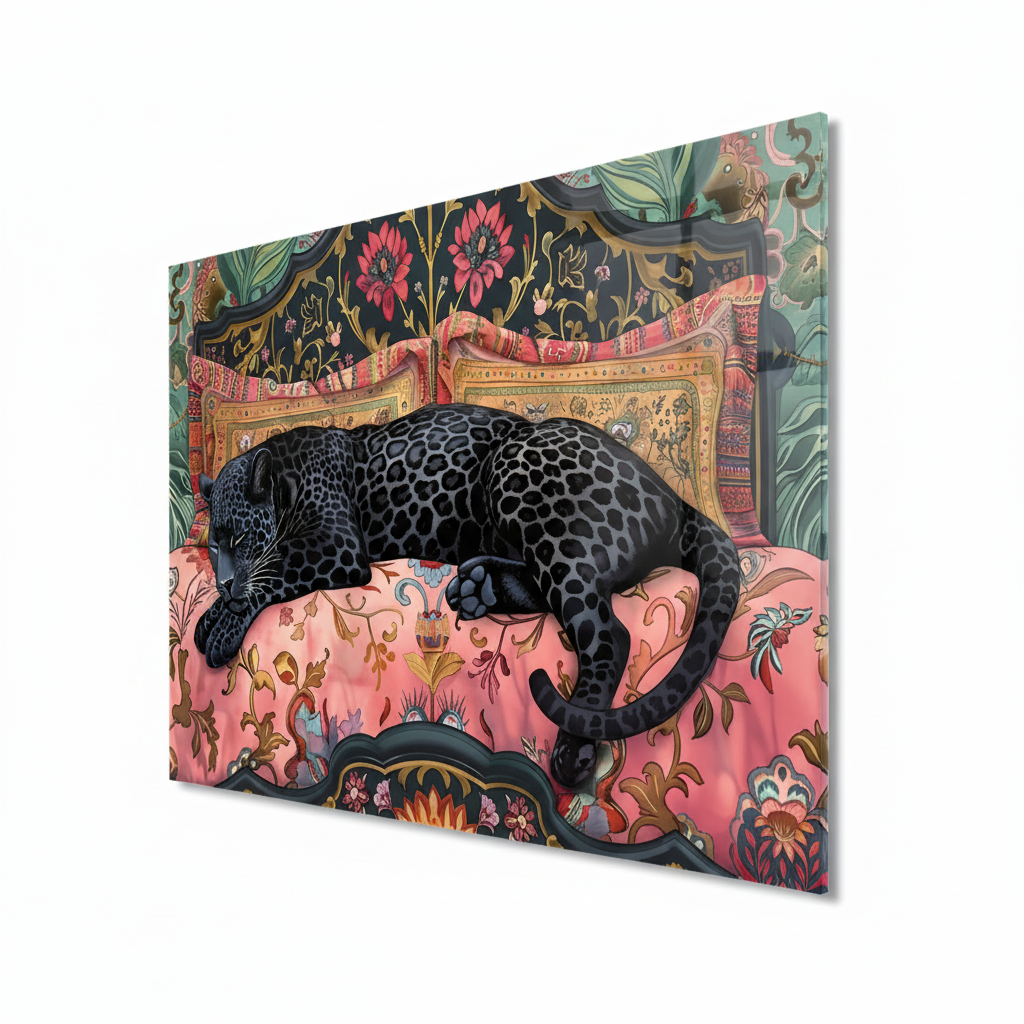 Right angled view of black panther horizontal glass wall art