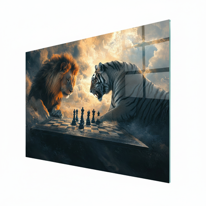 Lion and White Tiger Chess Glass Wall Art – right side view