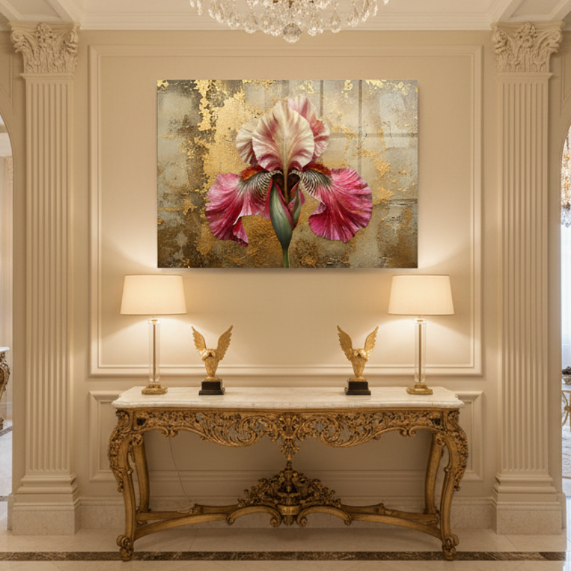 Golden Iris Glass Wall Art in luxury entrance hall