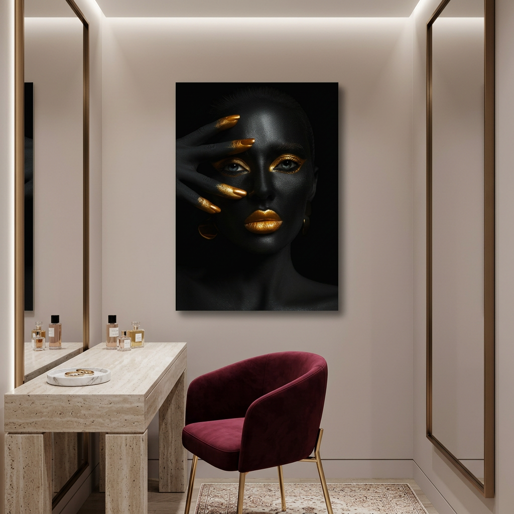 D-181 black and gold woman glass wall art in taupe dressing room