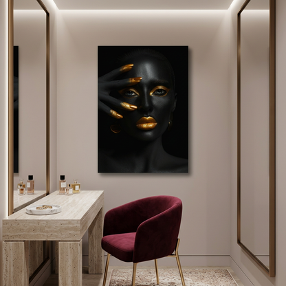 D-181 black and gold woman glass wall art in taupe dressing room