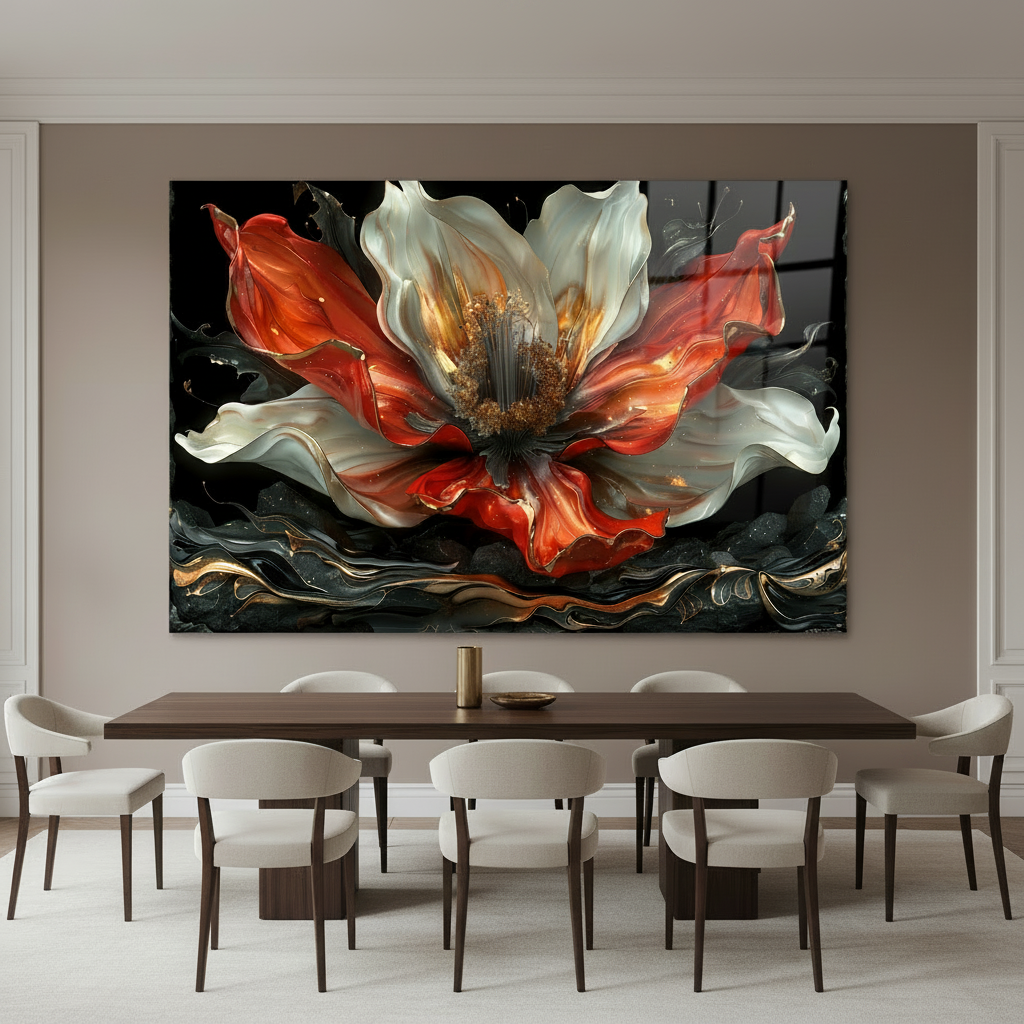 Abstract red, white and black flower glass wall art in a luxury dining room