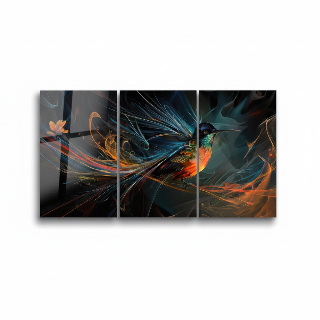 Hummingbird glass wall art triptych, artwork on 1:1 square white background