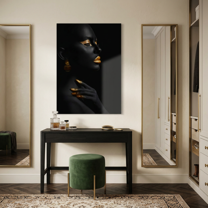 D-182 black and gold woman portrait glass wall art in ivory dressing room