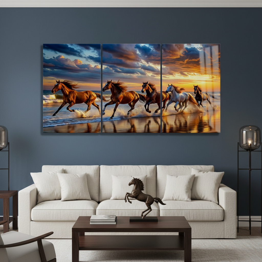 T-40 galloping horses sunset triptych glass wall art in a luxury living room with deep blue walls