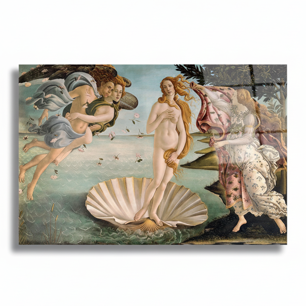 Perfectly frontal view of Venus Renaissance glass wall art on white background