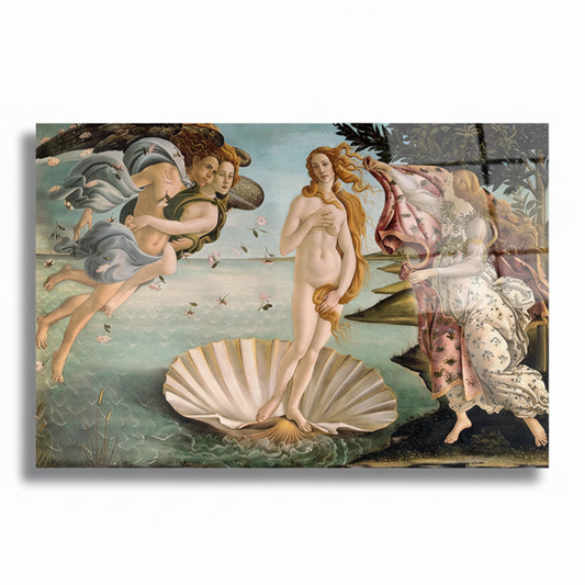 Perfectly frontal view of Venus Renaissance glass wall art on white background