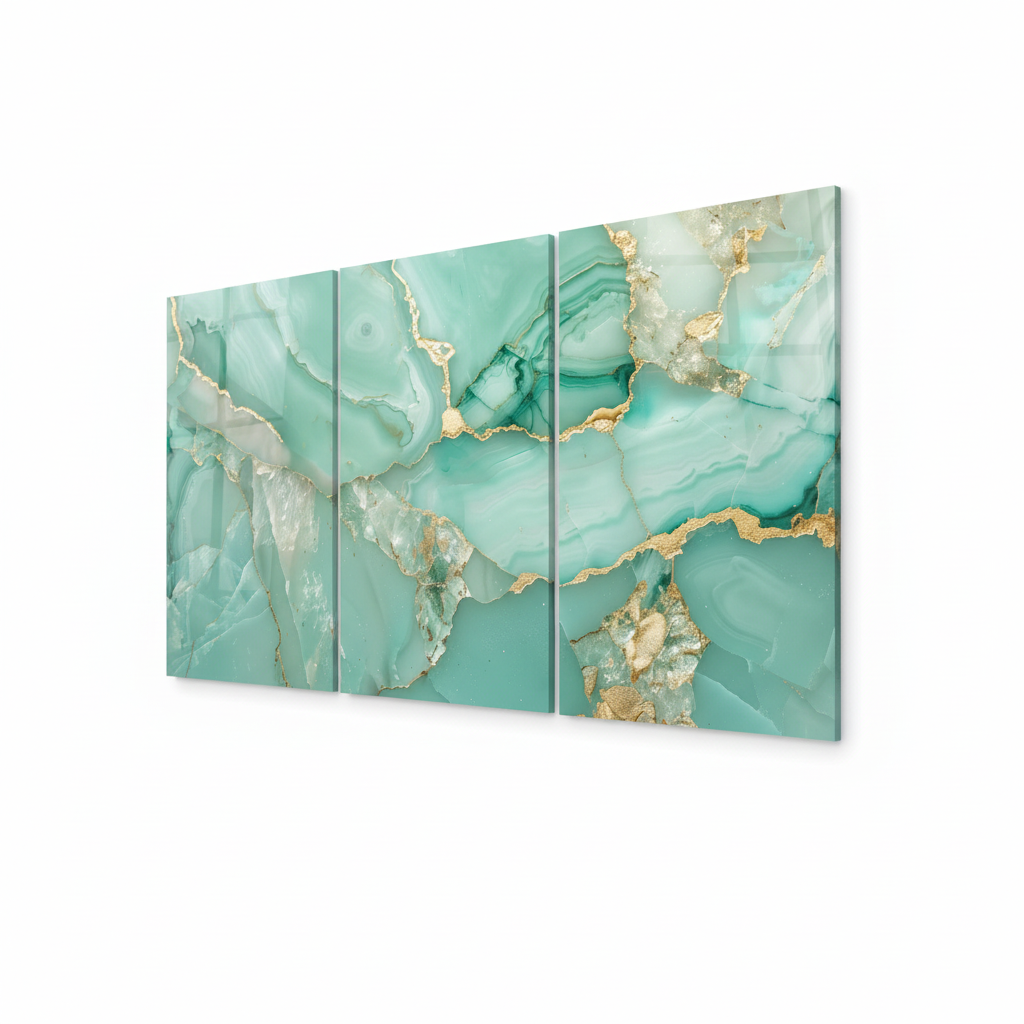 Right-side view of the three-panel aqua agate marble glass wall art triptych on a pure white background