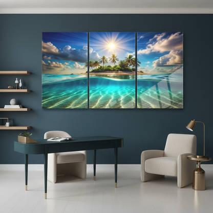 Tropical island paradise triptych glass wall art in a deep ocean blue home office