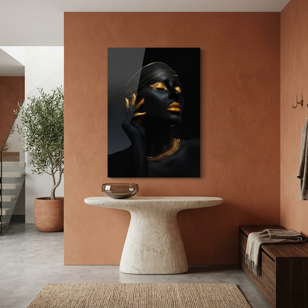 D-183 black and gold woman with chain jewelry glass wall art in terracotta entrance hall
