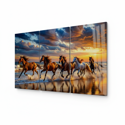 Right-side view of T-40 galloping horses sunset triptych glass wall art on a white background