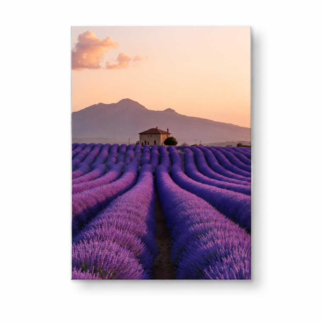 Provence lavender field glass wall art on white square background with shadow