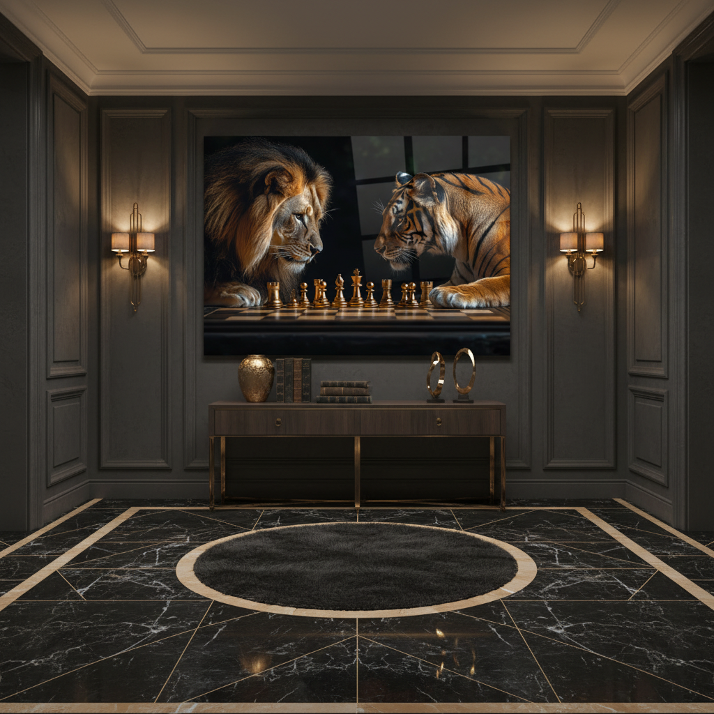 Lion vs Tiger Chess Glass Wall Art in luxury entrance hall