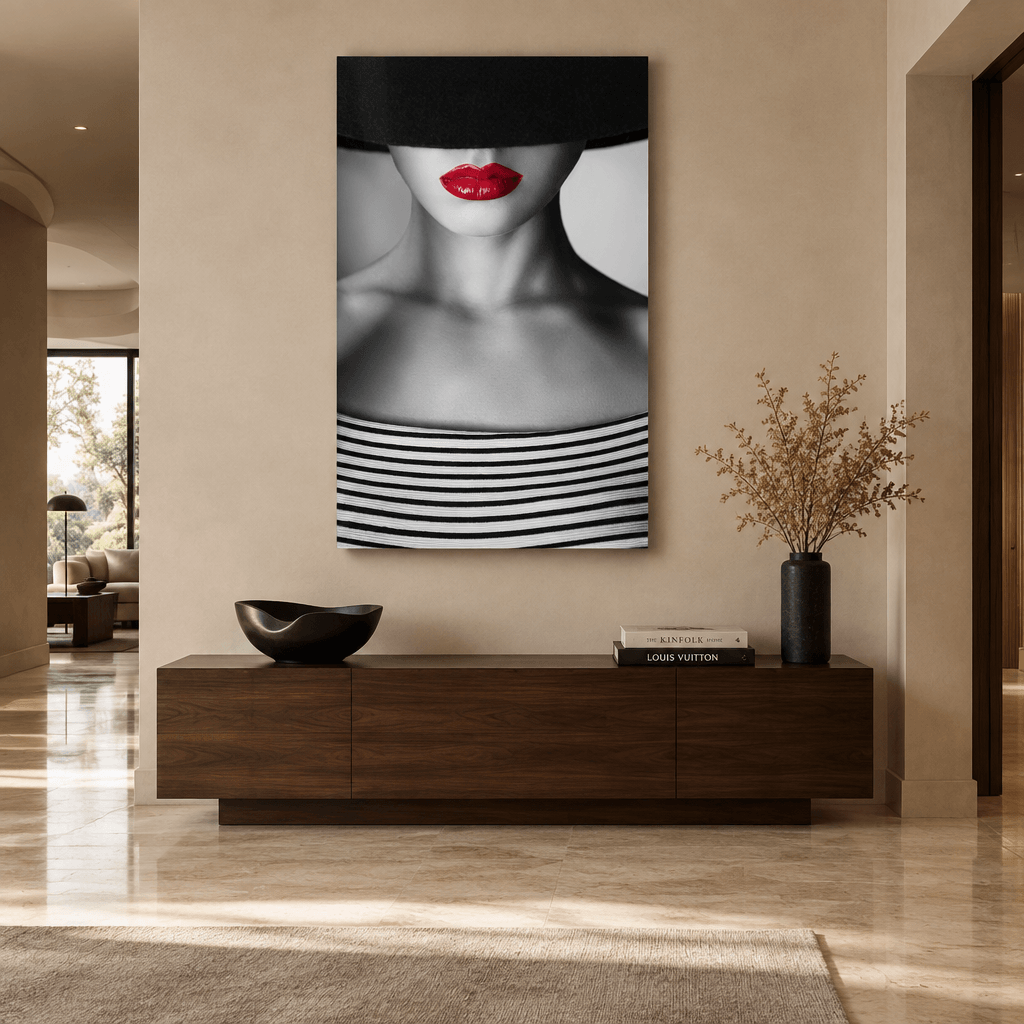 Red lips woman portrait glass wall art in entrance hall