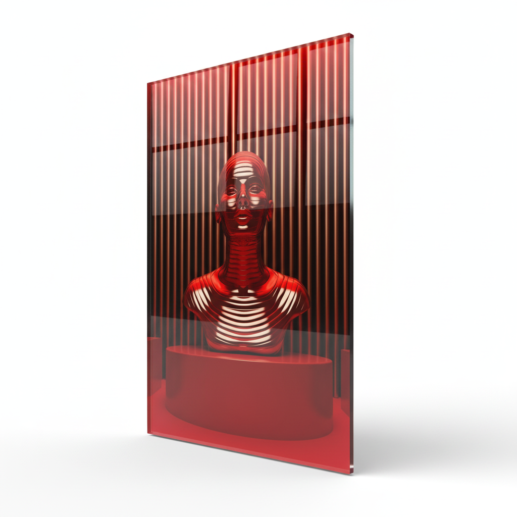 Right side view of red chrome futuristic human bust glass wall art on a white background