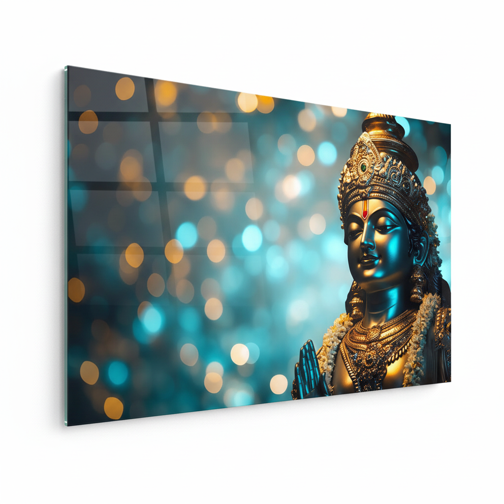 LMT-055 serene Indian deity portrait with ornate gold crown and teal highlights, left side view glass wall art