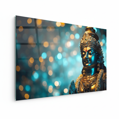 LMT-055 serene Indian deity portrait with ornate gold crown and teal highlights, left side view glass wall art