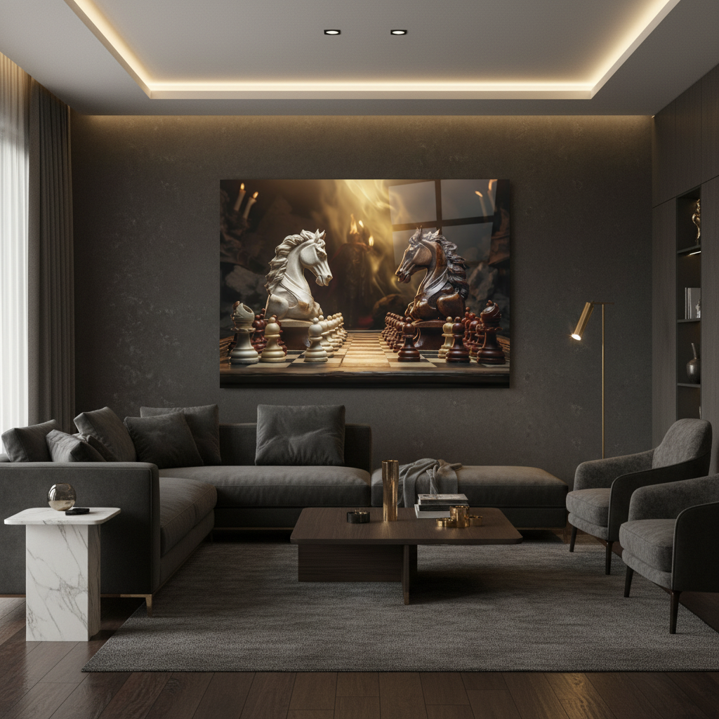 Chess Knights Glass Wall Art in luxury living room