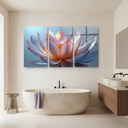 T-38 lotus flower triptych glass wall art in a luxury bathroom with soft cream walls