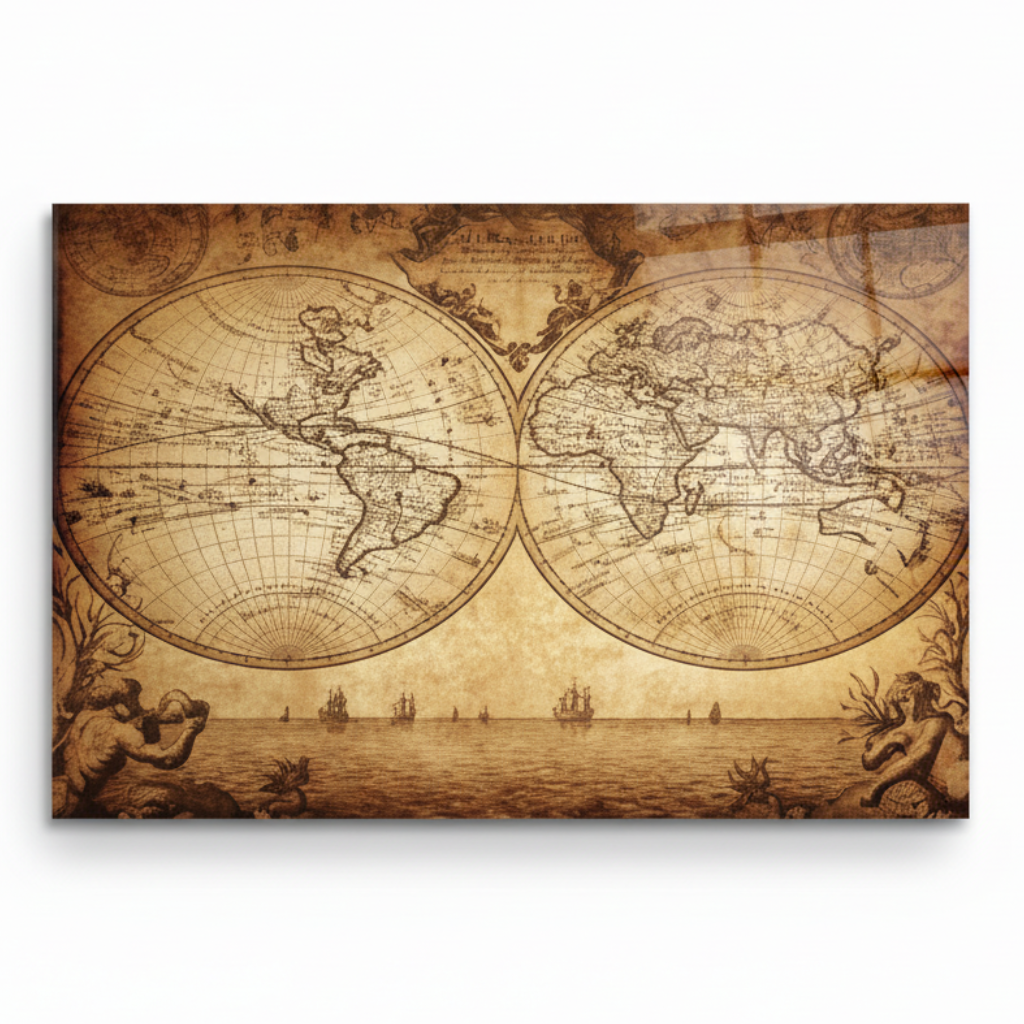 Antique sepia world map glass wall art, front view