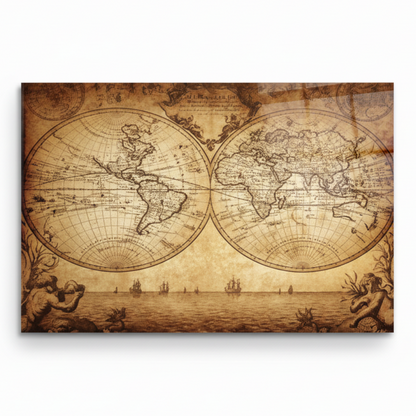 Antique sepia world map glass wall art, front view