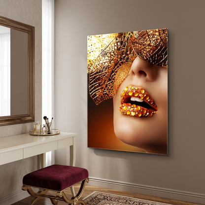 D-179 gold jeweled lips glass wall art in taupe dressing room