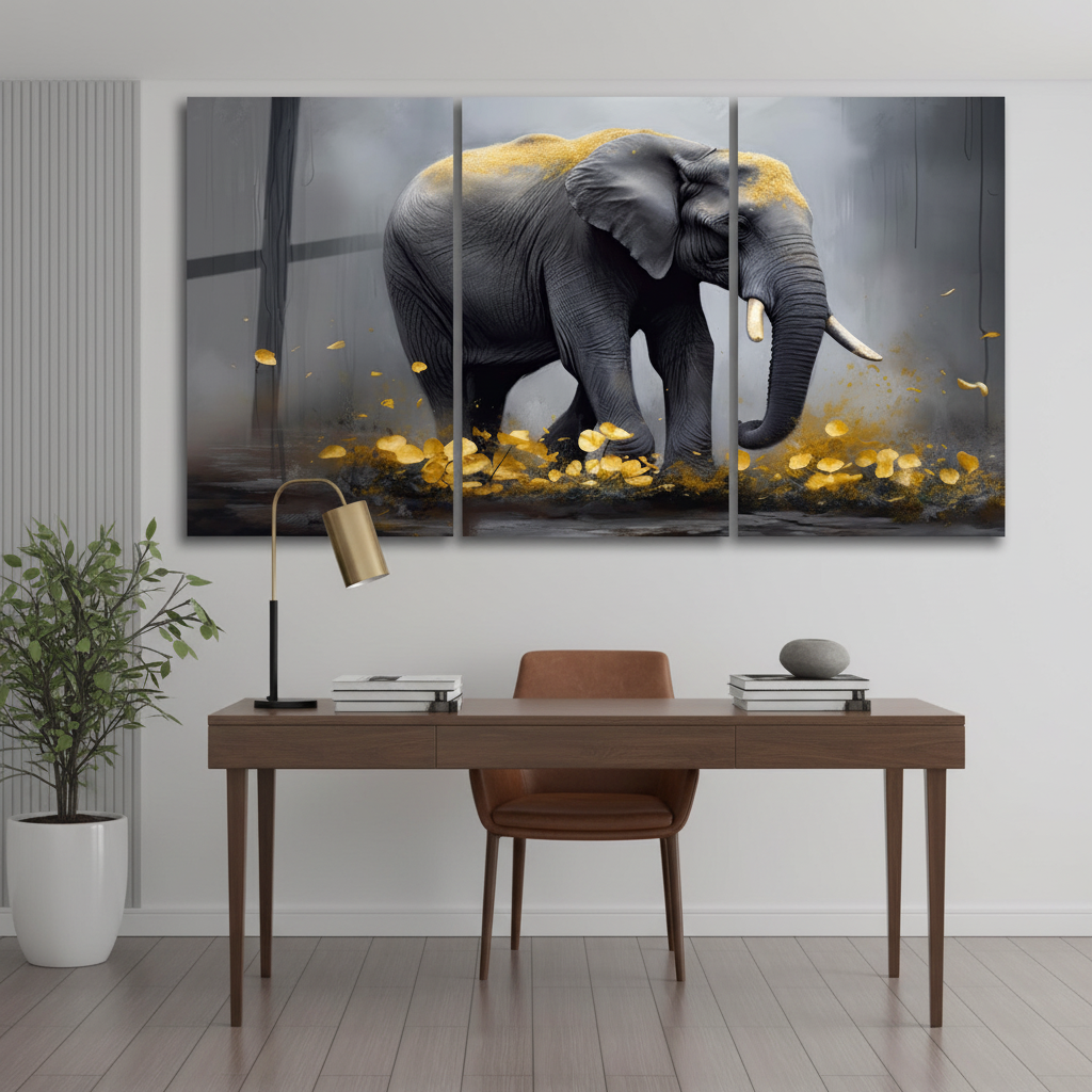T-39 African elephant and golden leaves triptych glass wall art in a luxury office with charcoal walls