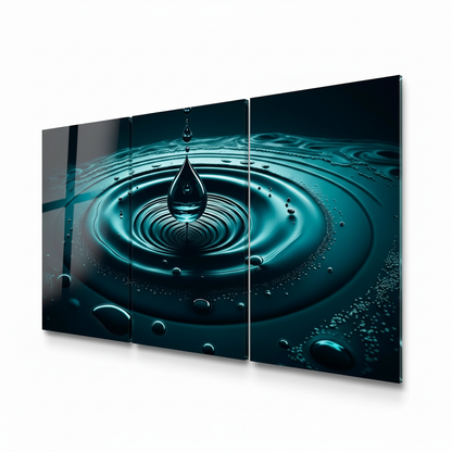 Teal water drop triptych glass wall art, view from the right, printed on tempered glass, white background