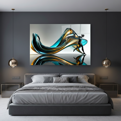 Y-304 abstract turquoise, black and gold figure glass wall art with exact 7 to 5 panel ratio in a luxury bedroom