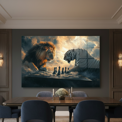 Lion and White Tiger Chess Glass Wall Art in luxury dining room