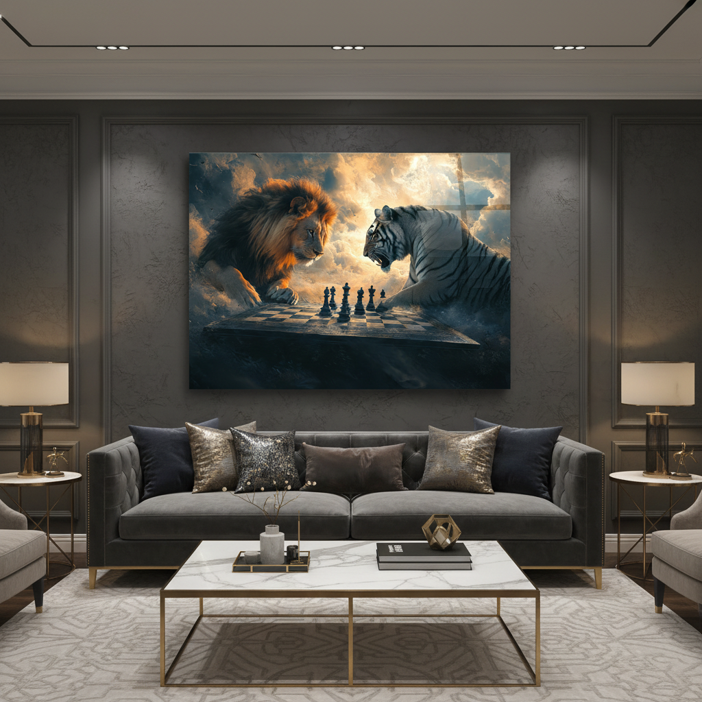 Lion and White Tiger Chess Glass Wall Art in luxury living room