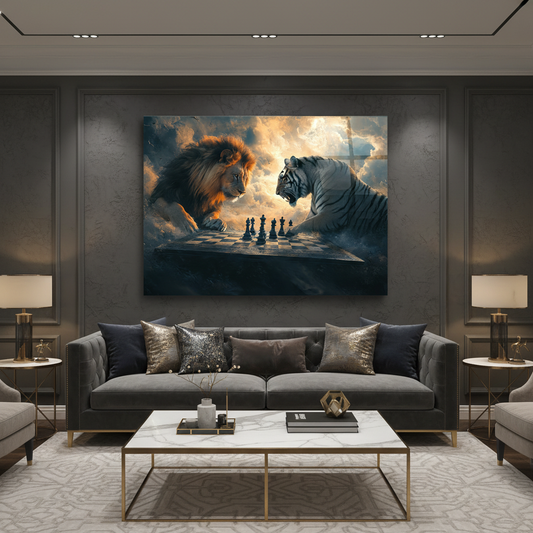 Lion and White Tiger Chess Glass Wall Art in luxury living room