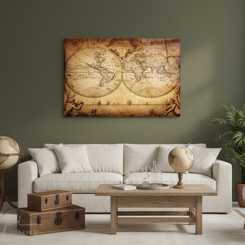 Antique sepia world map glass wall art in a luxury living room