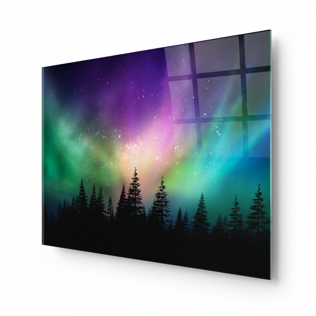 Y-295 aurora borealis over an evergreen forest glass wall art, right side view