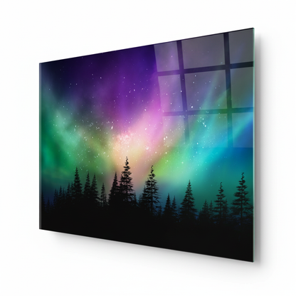 Y-295 aurora borealis over an evergreen forest glass wall art, right side view