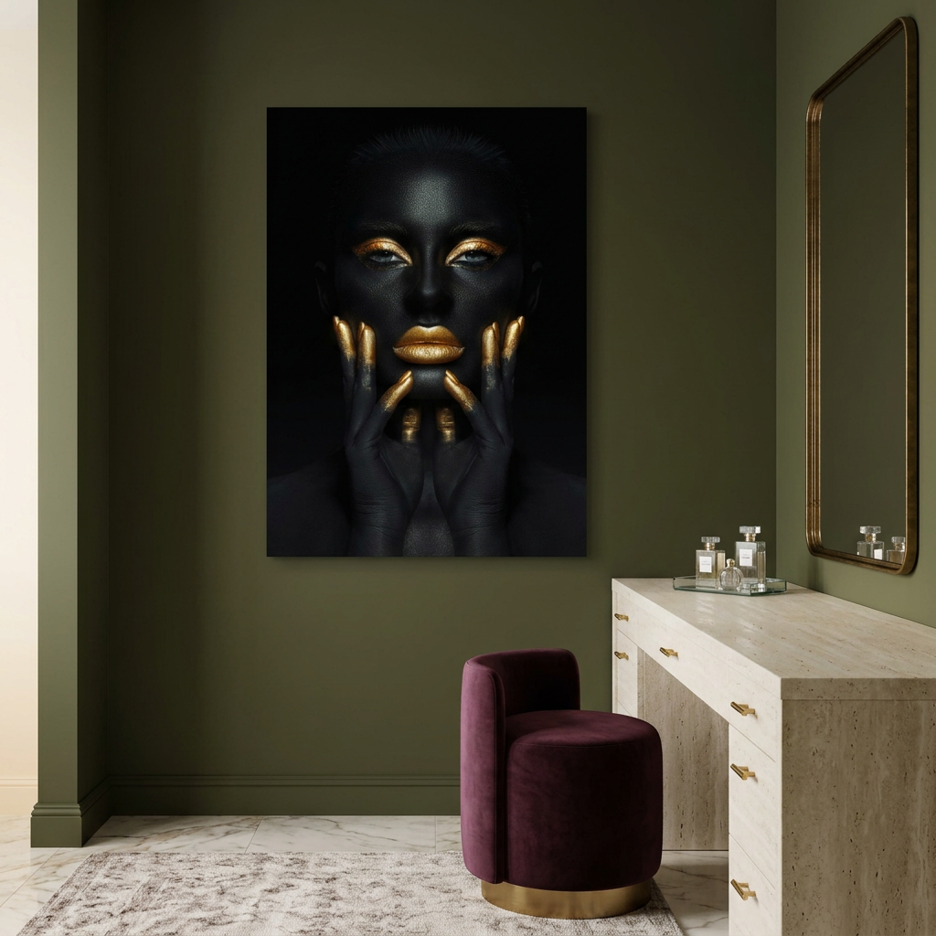 D-184 black and gold woman portrait glass wall art in olive dressing room