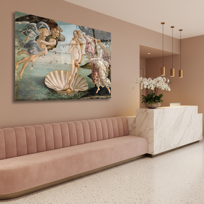 Venus Renaissance glass wall art in an upscale hotel lobby