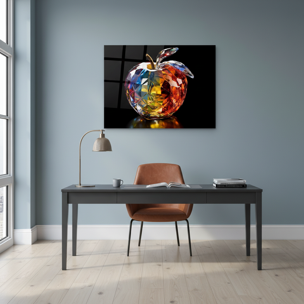 Split-Tone Crystal Apple Glass Wall Art displayed in a sophisticated home office with powder-blue walls.
