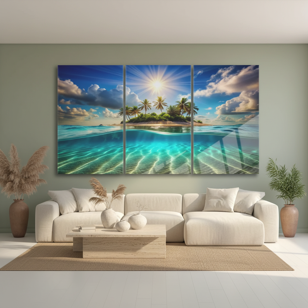 Tropical island paradise triptych glass wall art in a sage green luxury living room