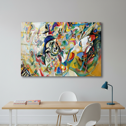 Colorful abstract horizontal glass wall art in a dove grey creative studio