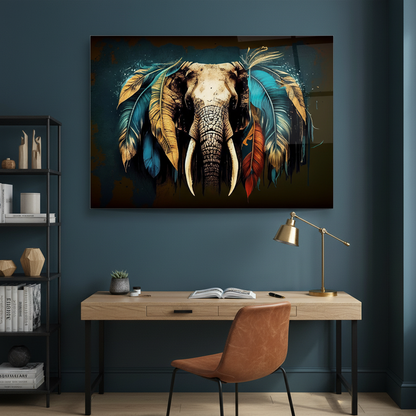 Feathered Elephant Glass Wall Art above a desk in a refined petrol-blue creative studio