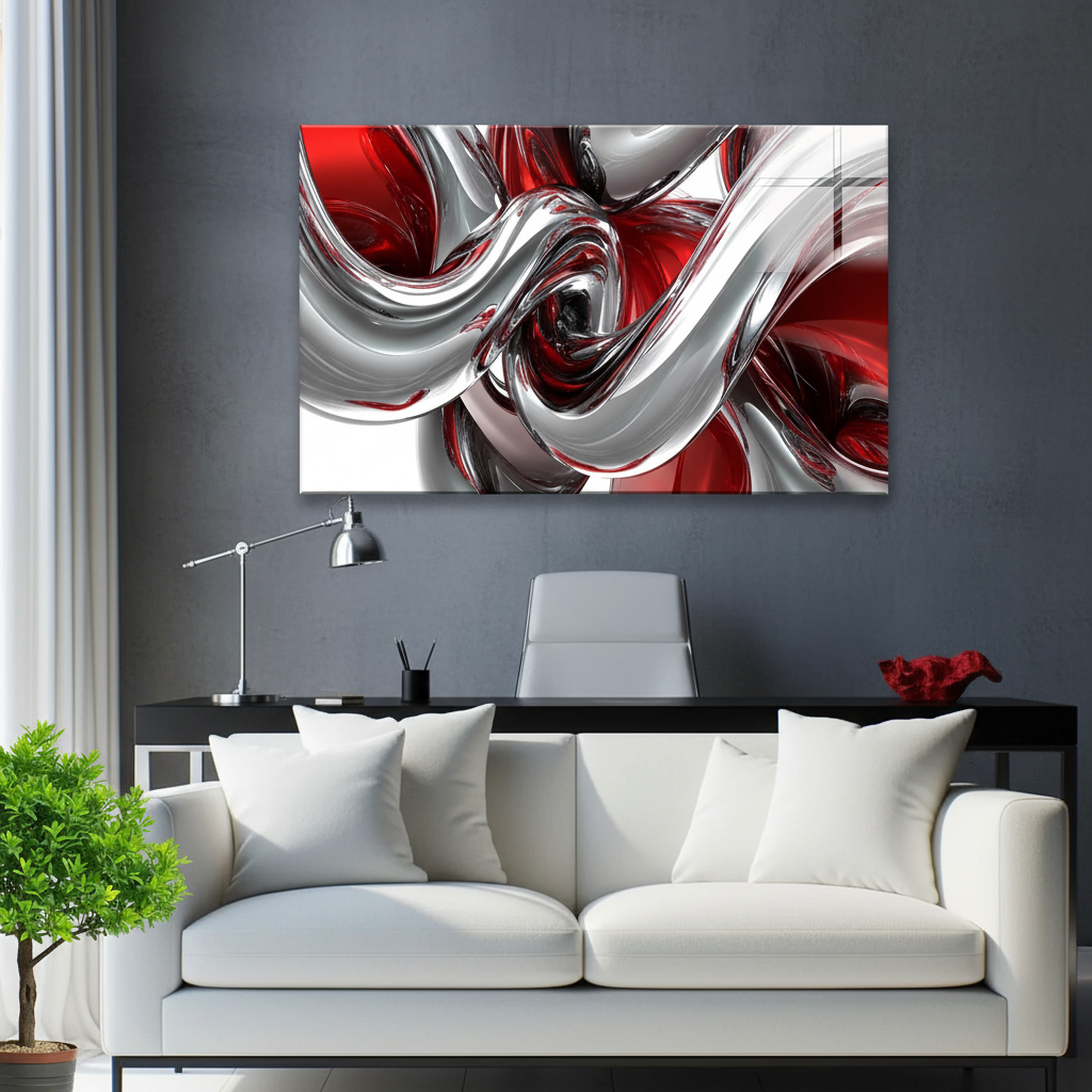 LMT-048 chrome silver red black abstract glass wall art in a luxury executive office