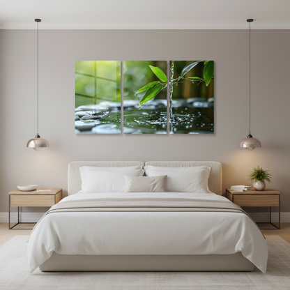 Luxury bedroom with warm light grey walls and three-panel nature water stream triptych glass wall art