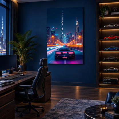 Neon city sports car glass wall art in a home office