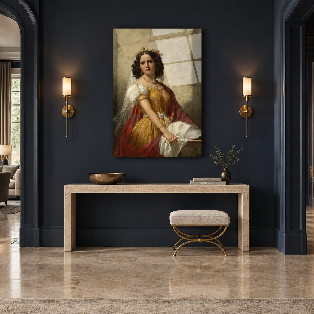 Classical woman portrait glass wall art in a navy blue entrance hall