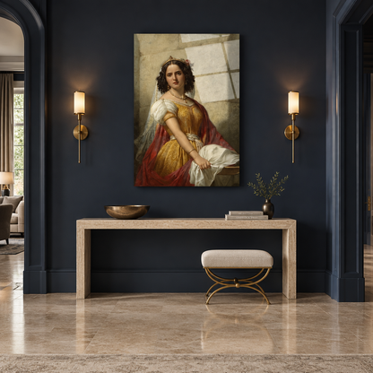 Classical woman portrait glass wall art in a navy blue entrance hall