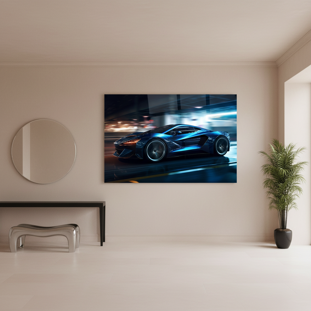 Blue Supercar Glass Wall Art